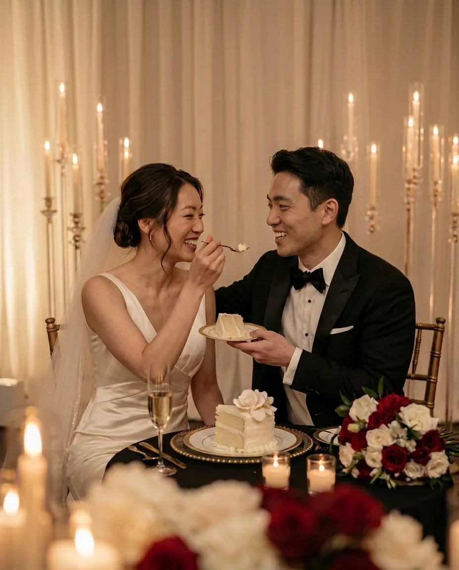 An Asian bride and groom seated side by side at their candlelit sweetheart table, laughing as they share wedding cake