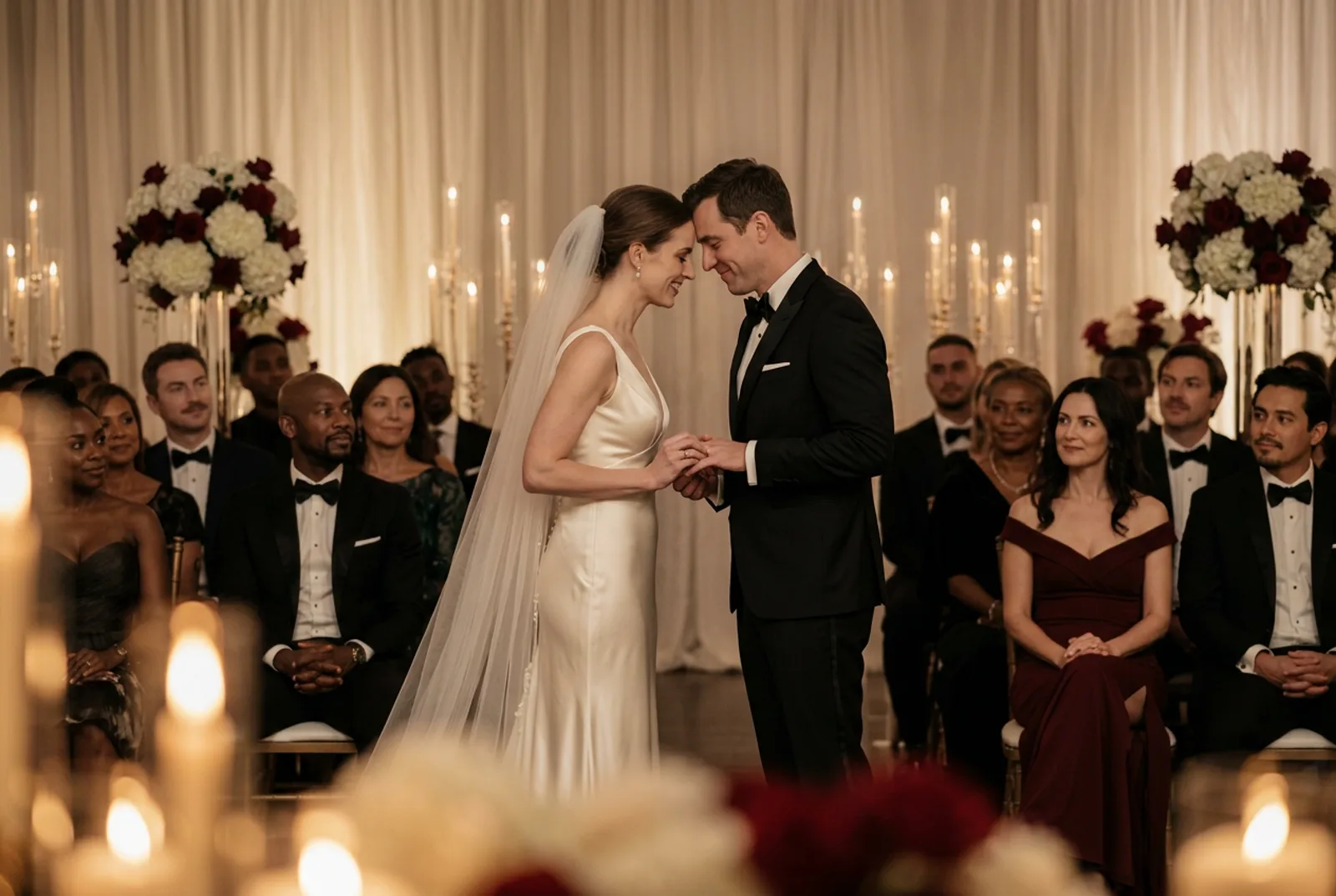 A white bride and groom exchanging rings at a candlelit wedding altar while black-tie guests look on