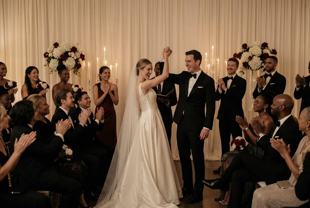 A white bride and groom turning to their applauding guests at the close of a candlelit ceremony