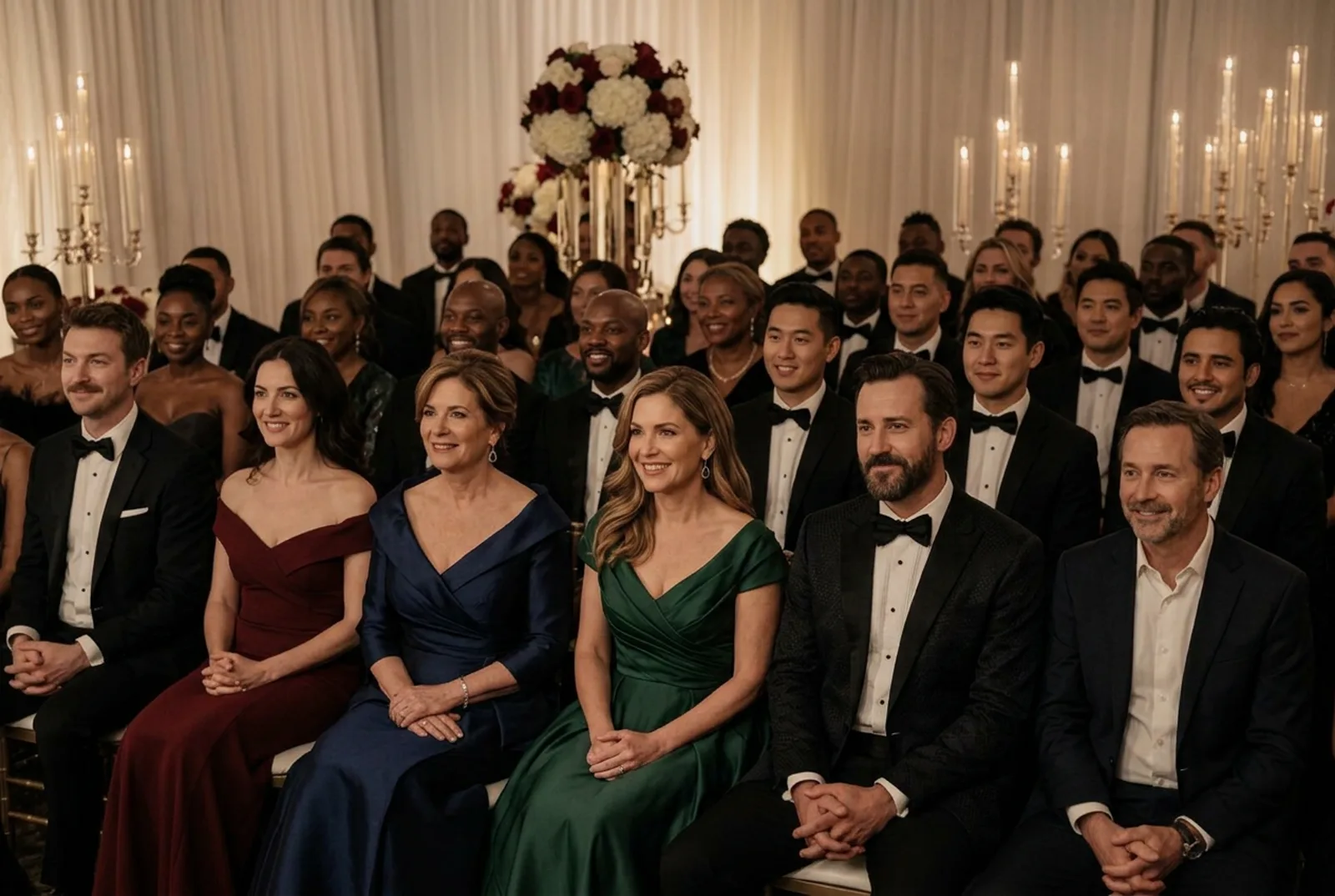 Black-tie guests of many backgrounds seated together at a candlelit wedding ceremony
