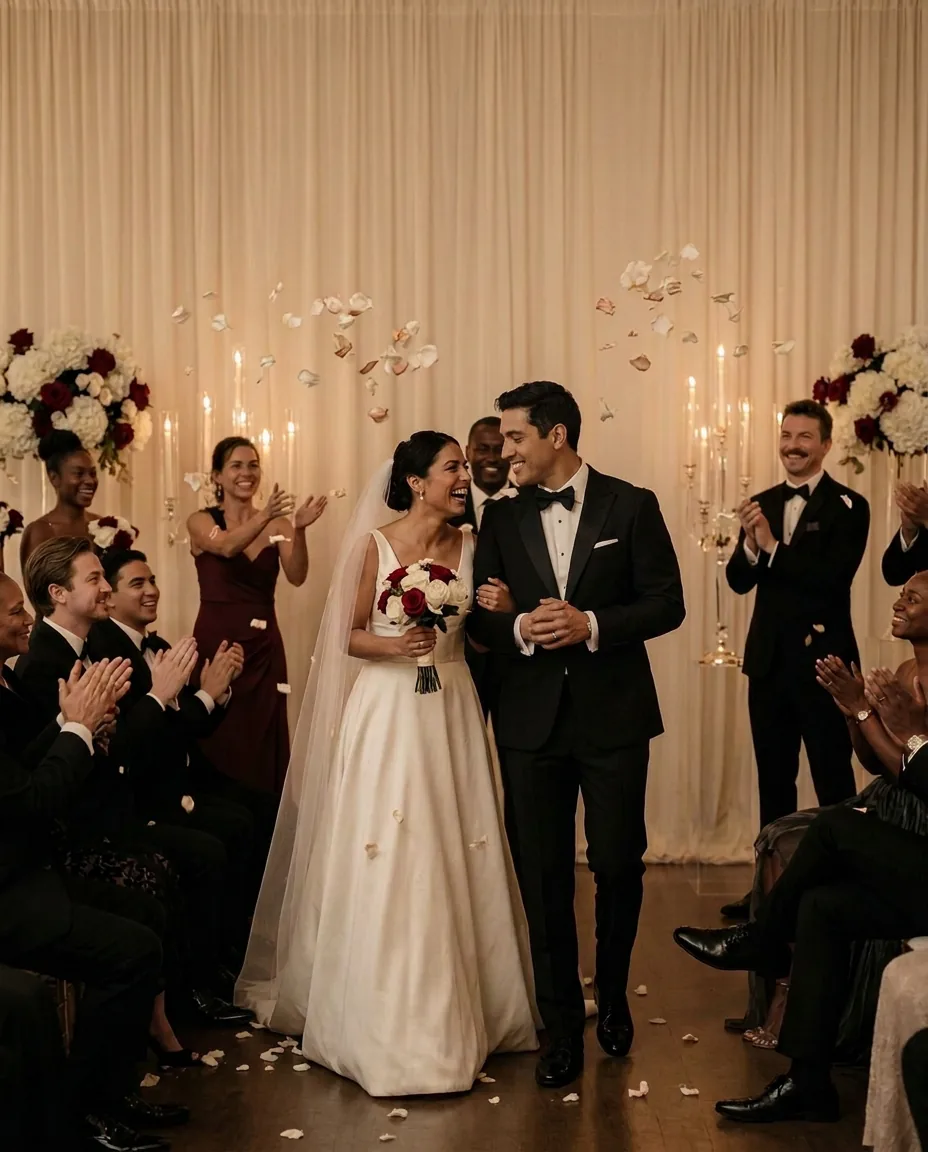 A Hispanic bride and groom walking back down the candlelit aisle as guests cheer and toss flower petals